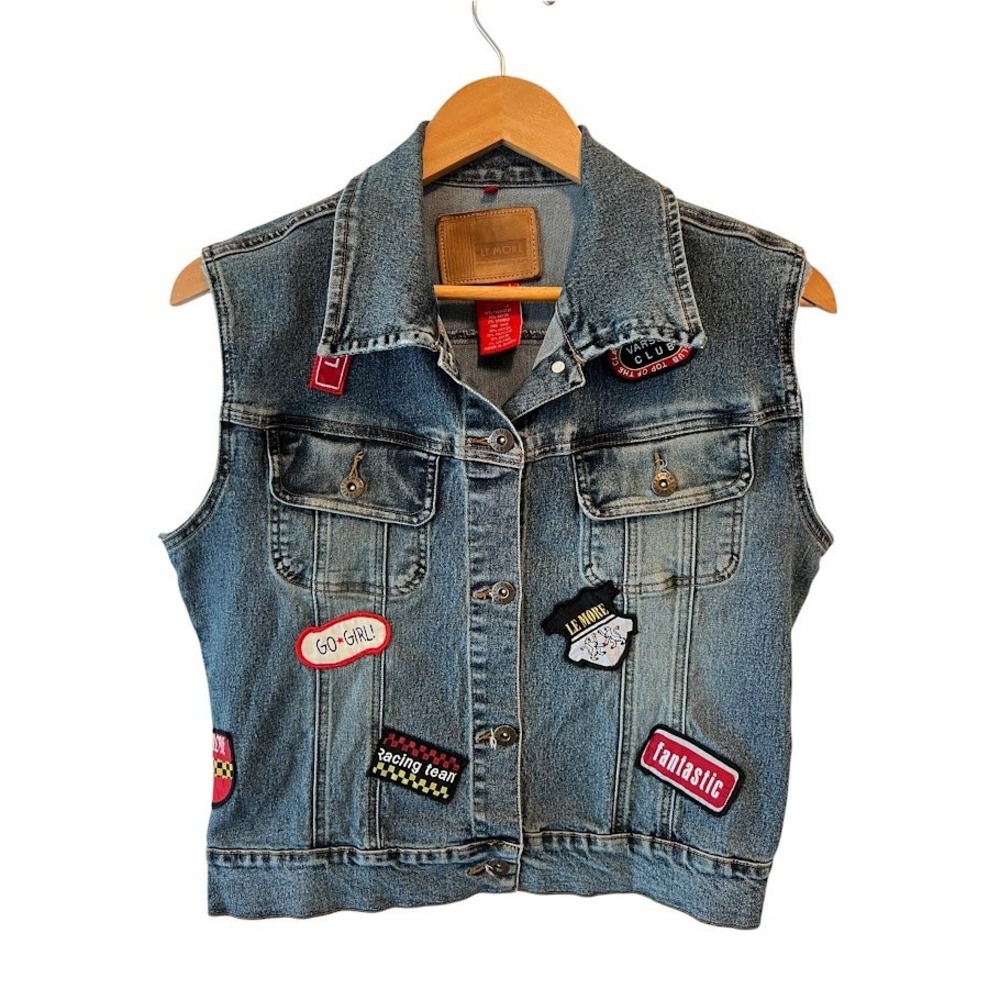 Le More Denim Vest Womens L Blue Jean Patch Y2K Moto Biker Grunge‎ Sleeveless L